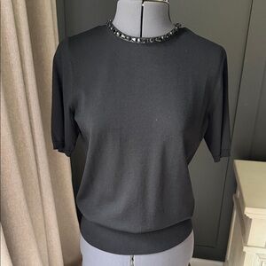 White House Black Market Black Beaded Short Sleeve Rayon blend Sweater Size S
